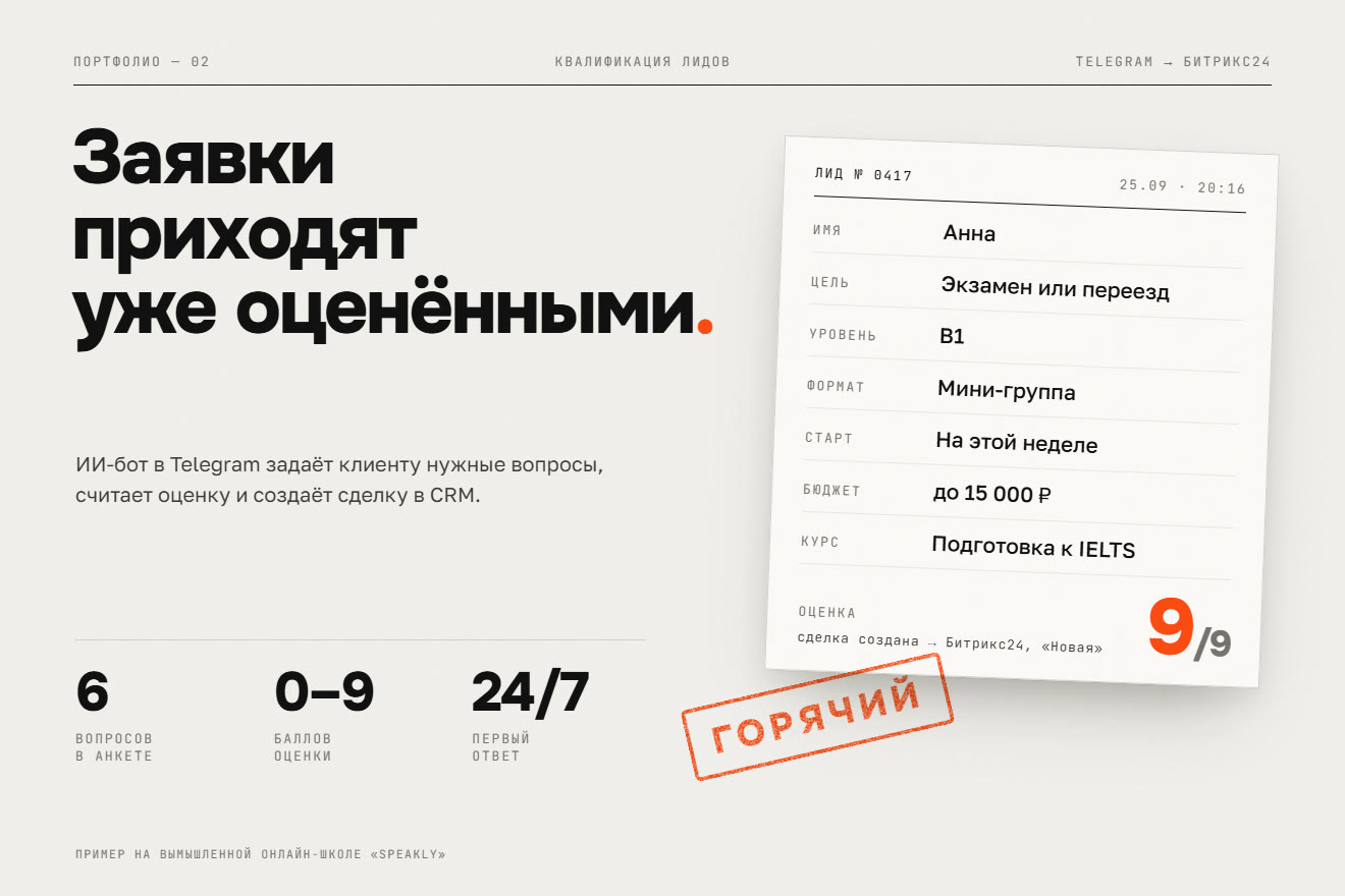 Карточка лида: анкета клиента и оценка 9 из 9